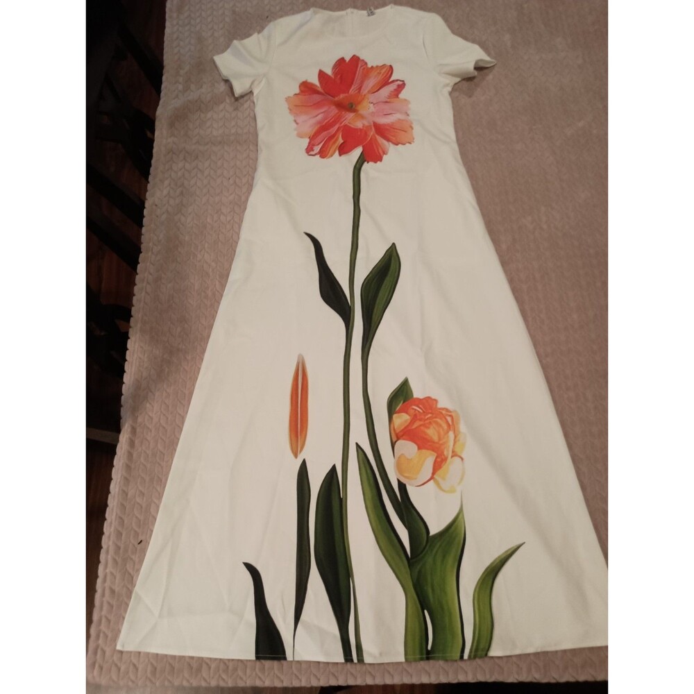 Boho Chic Giant Flower Print White Maxi Dress Short Sleeve Summer Party Size S